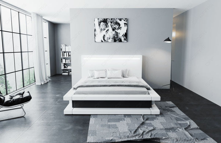 Designer Bett Faenza mit LED Beleuchtung - Kunstleder weiÃŸ-schwarz