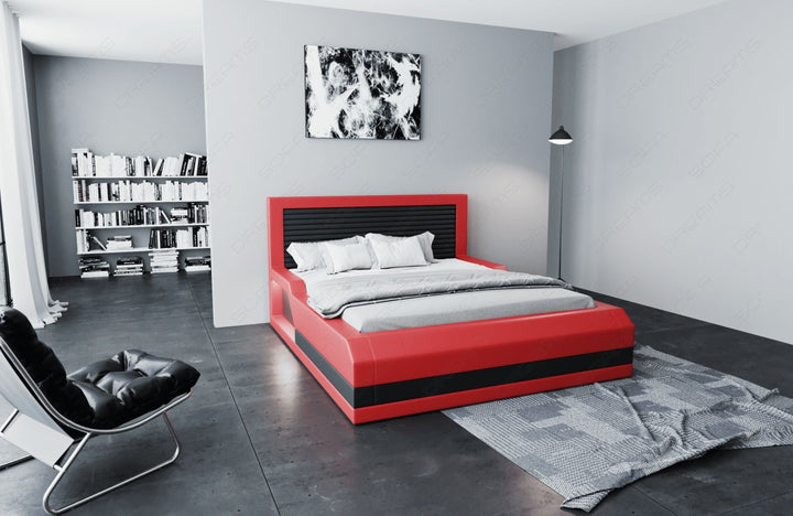 Das moderne Designerbett Treviso mit LED in rot-schwarz