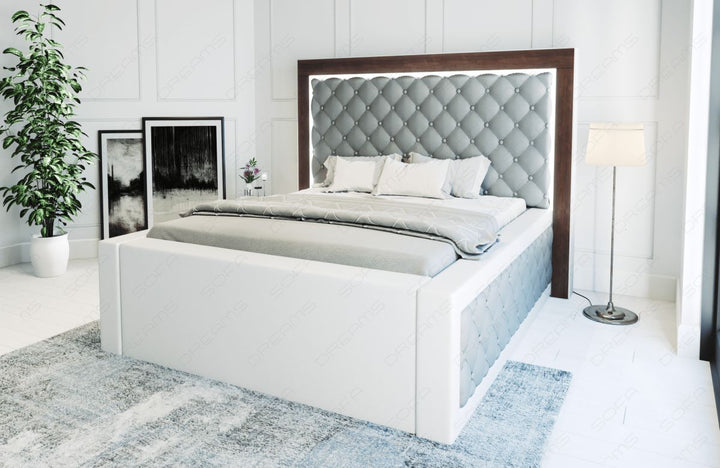 Elegantes Designerbett Varese gesteppt mit LED in grau-weiÃŸ - Matratze und Lattenrost optional erhÃ¤ltlich