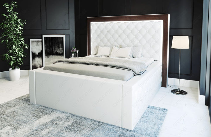 Elegantes Designerbett Varese gesteppt mit LED komplett in weiÃŸ - Matratze und Lattenrost optional erhÃ¤ltlich