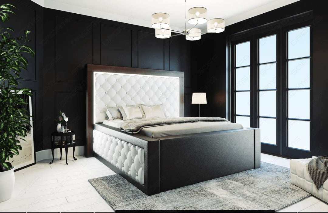 Elegantes Designerbett Varese gesteppt mit LED in weiÃŸ-schwarz - Matratze und Lattenrost optional erhÃ¤ltlich