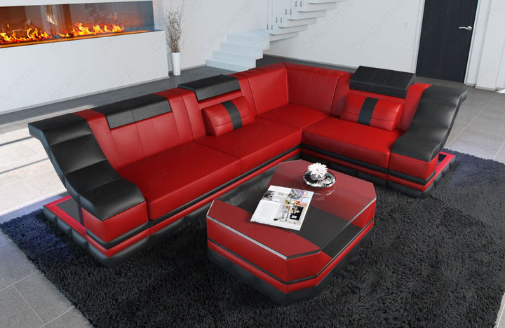 Modernes Leder Ecksofa Bianchi L Form mit LED-Beleuchtung in rot-schwarz