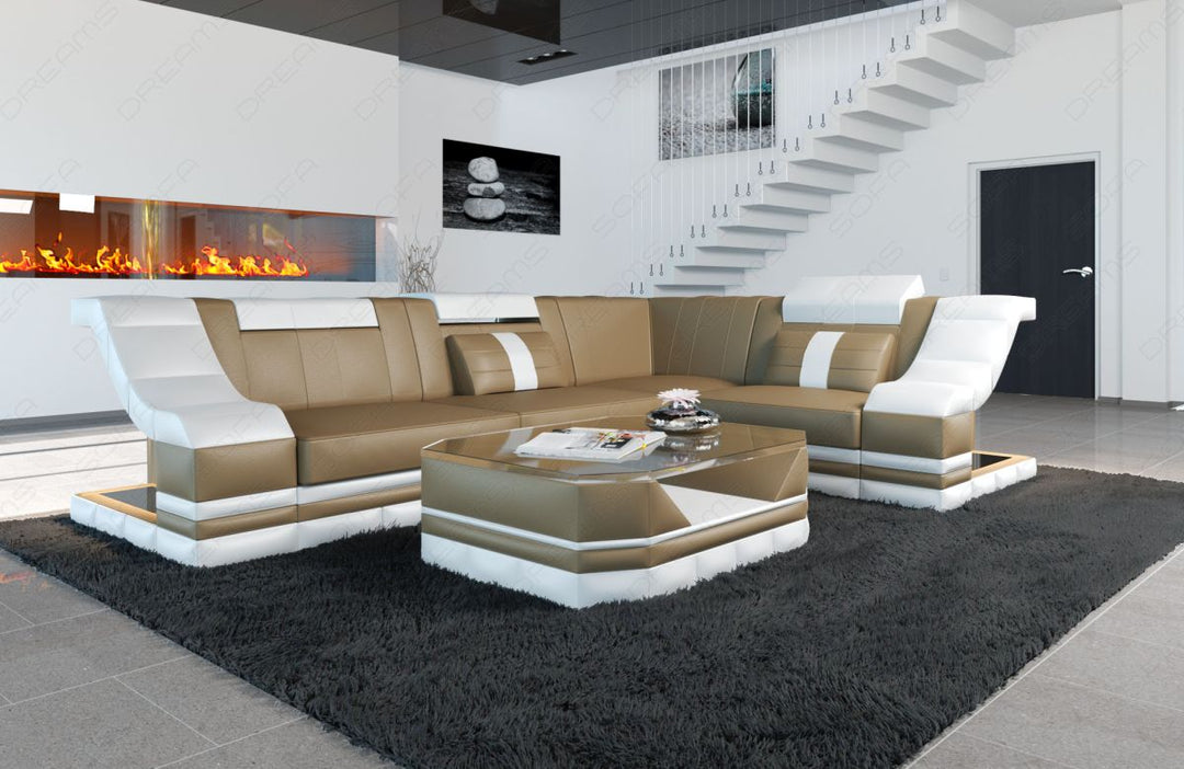 Modernes Leder Ecksofa Bianchi L Form mit LED-Beleuchtung in sandbeige-weiÃŸ