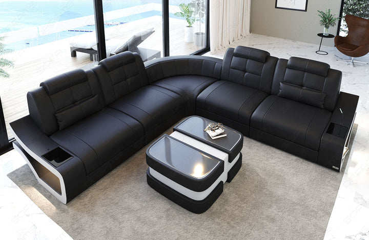 Luxus Leder Ecksofa Elena L Form lang in schwarz-weiss