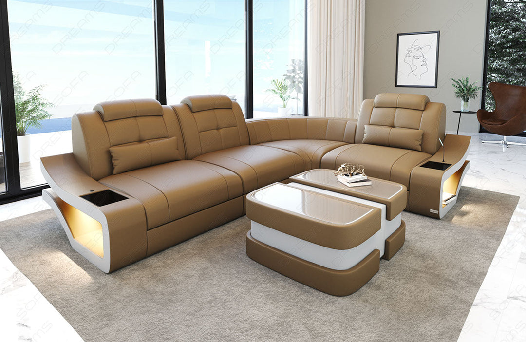 Ledersofa Elena Mini L Form in sandbeige-weiÃŸ