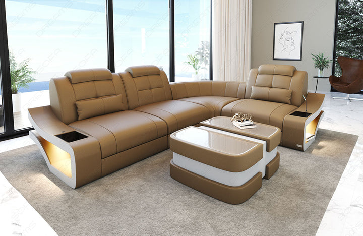 Ledersofa Elena Mini L Form in sandbeige-weiÃŸ