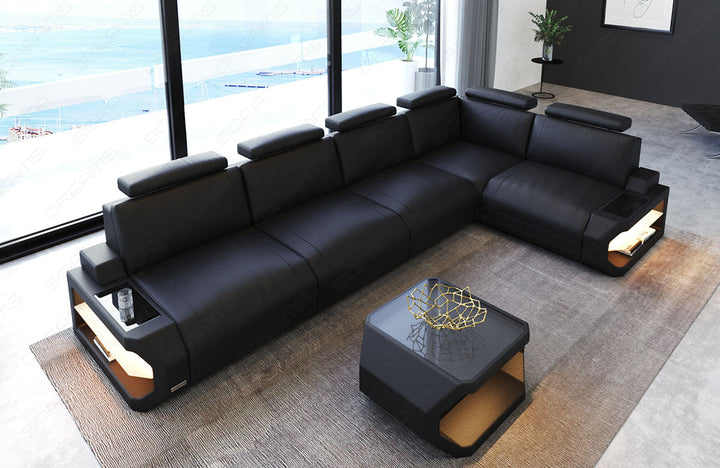 Leder Ecksofa Siena L Form lang in schwarz