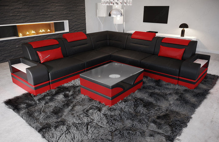 Ledersofa Trivento Mini L Form mit Beleuchtung in schwarz-rot