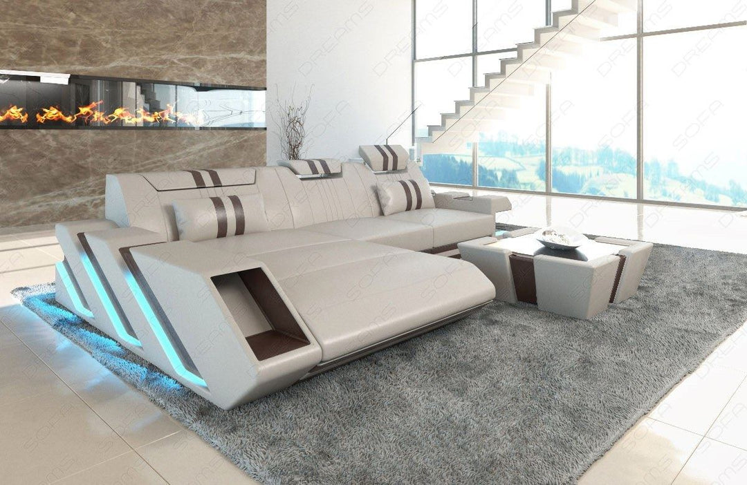 Ledersofa Apollonia L Form mit LED und USB in beige-dunkelbraun