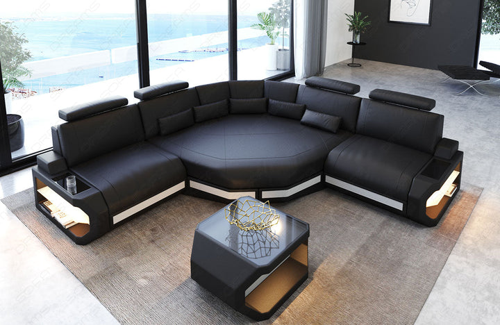Modernes Leder Ecksofa Asti L Mini mit LED Beleuchtung in blau-schwarz