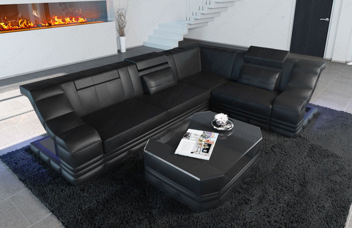 Modernes Leder Ecksofa Bianchi L Form mit LED-Beleuchtung in komplett schwarz