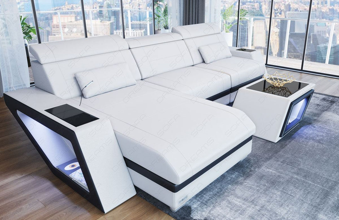 Mini L Form Ledersofa Catania mit LED Licht und USB - weiss - schwarz
