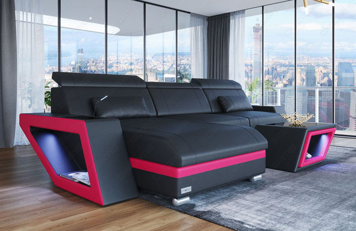Leder Ecksofa Catania L Form in schwarz - pink