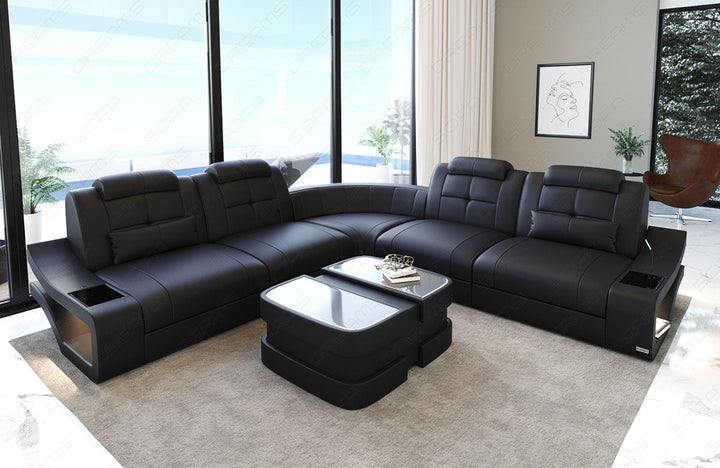 Luxus Leder Ecksofa Elena L Form lang in schwarz
