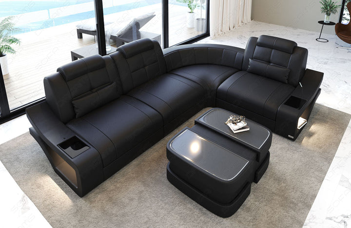 Ledersofa Elena Mini L Form in komplett schwarz