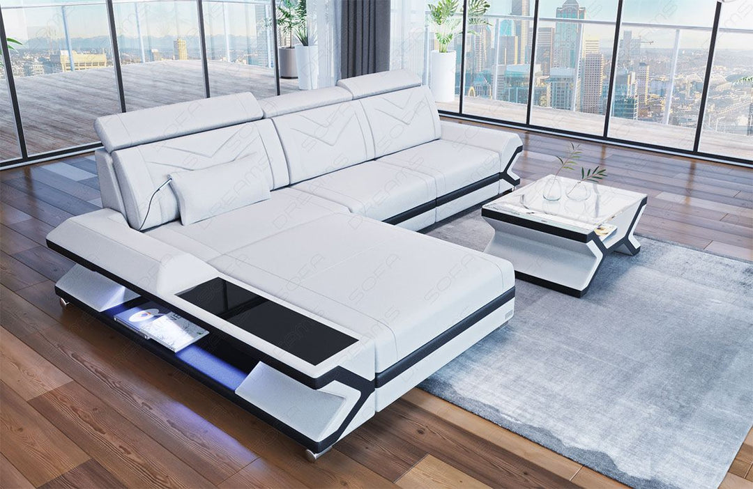 Mini L Form Ledersofa Napoli mit Licht und USB in weiss-schwarz