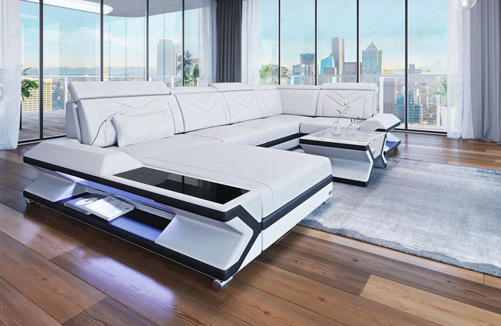 U Form Ledersofa Napoli als Mini mit LED und USB in weiss-schwarz Leder