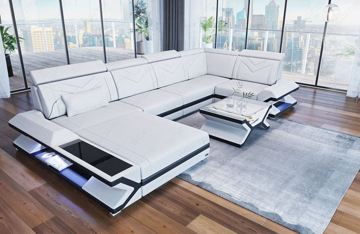 U Form Ledersofa Napoli als Mini mit LED und USB in weiss-schwarz