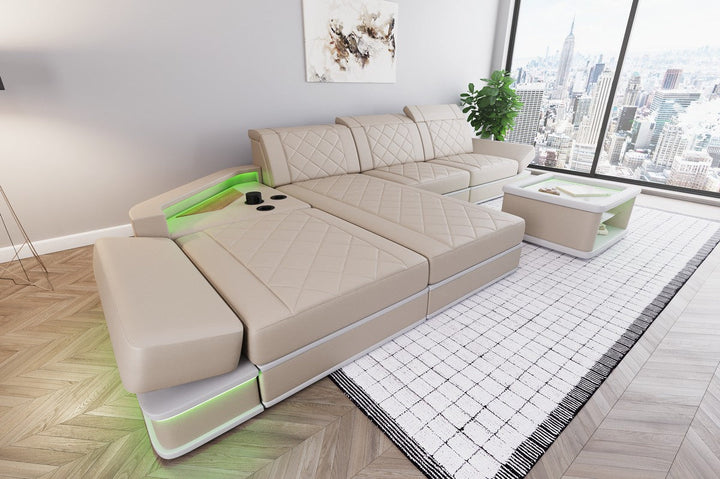 Luxus Leder Ecksofa Perugia L Form mit Multifunktionsecke in beige-weiÃŸ