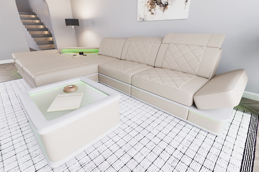 Leder Ecksofa Perugia L Form mit Multifunktionsecke in beige-weiÃŸ