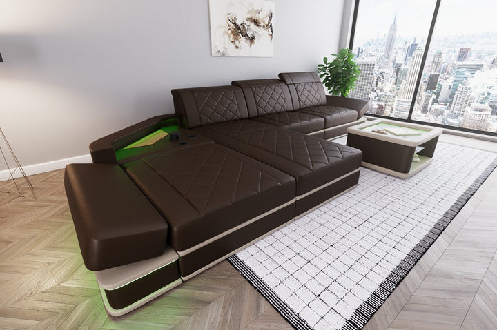 Luxus Leder Ecksofa Perugia L Form mit Multifunktionsecke in dunkelbraun-weiÃŸ