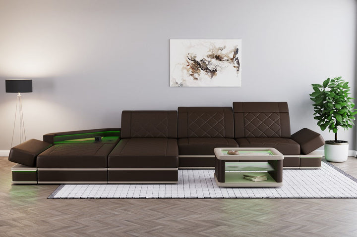 Leder Ecksofa Perugia L Form mit Multifunktionsecke in dunkelbraun-weiÃŸ