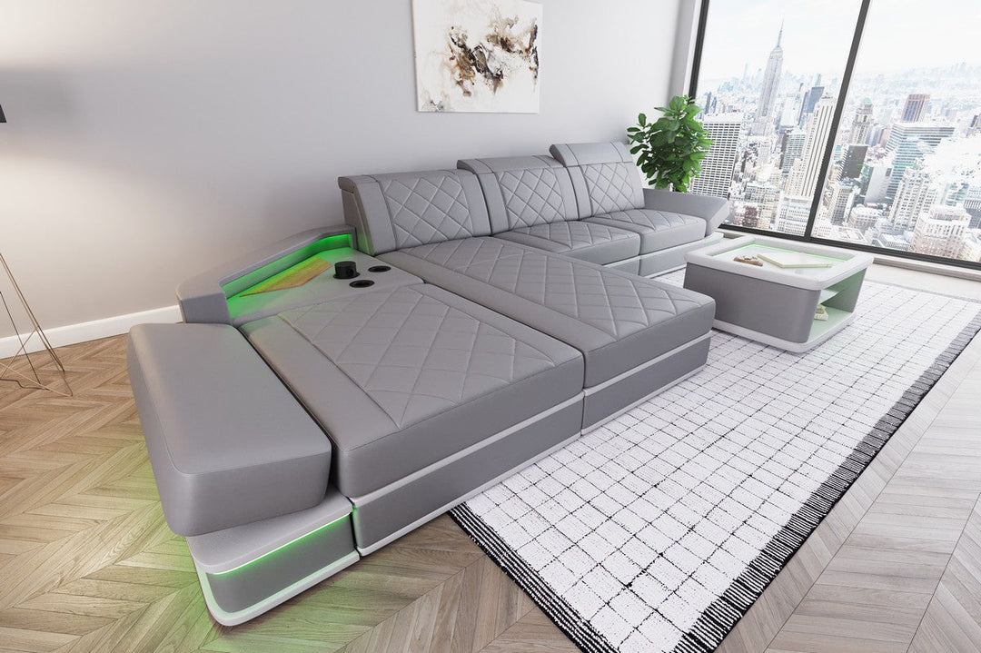 Luxus Leder Ecksofa Perugia L Form mit Multifunktionsecke in grau-weiÃŸ