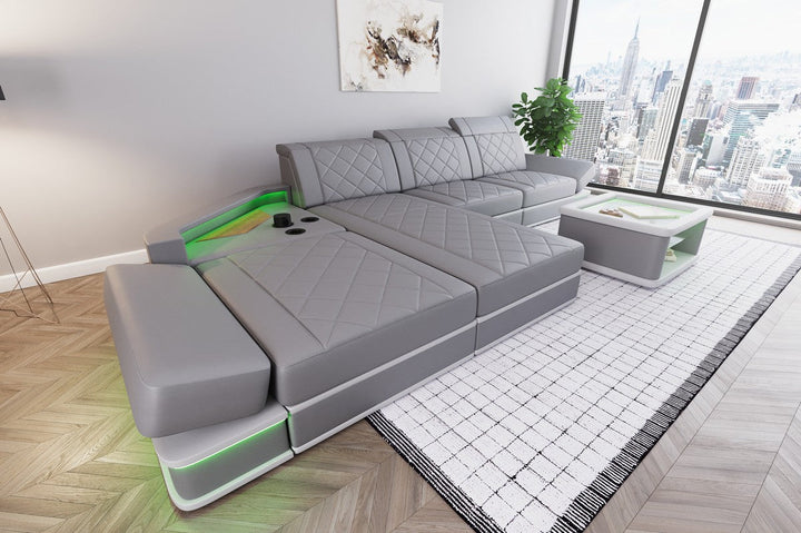 Luxus Leder Ecksofa Perugia L Form mit Multifunktionsecke in grau-weiÃŸ