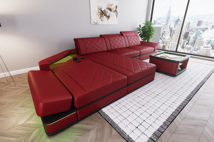 Luxus Leder Ecksofa Perugia L Form mit Multifunktionsecke in rot-schwarz