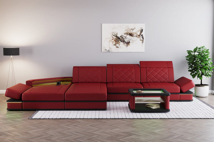 Leder Ecksofa Perugia L Form mit Multifunktionsecke in rot-schwarz