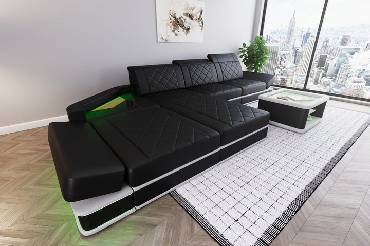 Luxus Leder Ecksofa Perugia L Form mit Multifunktionsecke in schwarz-weiÃŸ