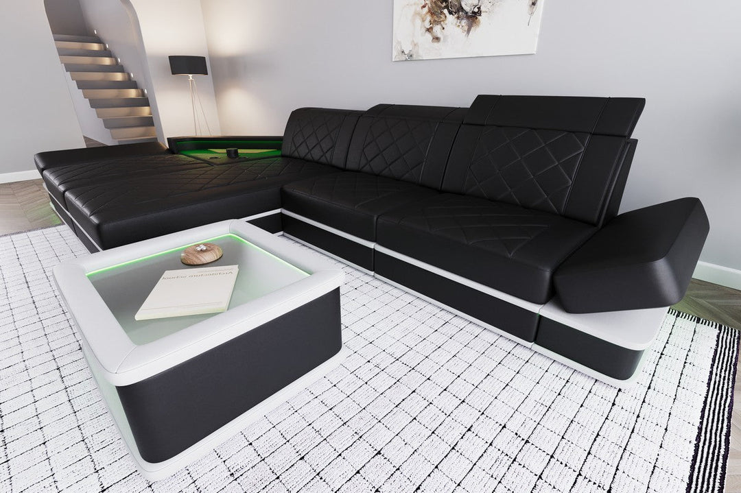Leder Ecksofa Perugia L Form mit Multifunktionsecke in schwarz-weiÃŸ