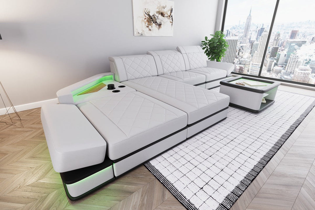 Luxus Leder Ecksofa Perugia L Form mit Multifunktionsecke in weiÃŸ-schwarz