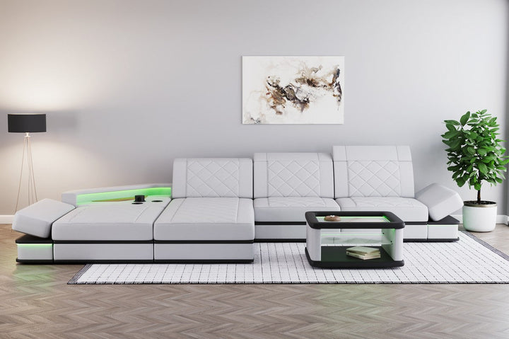 Leder Ecksofa Perugia L Form mit Multifunktionsecke in grau-weiÃŸ