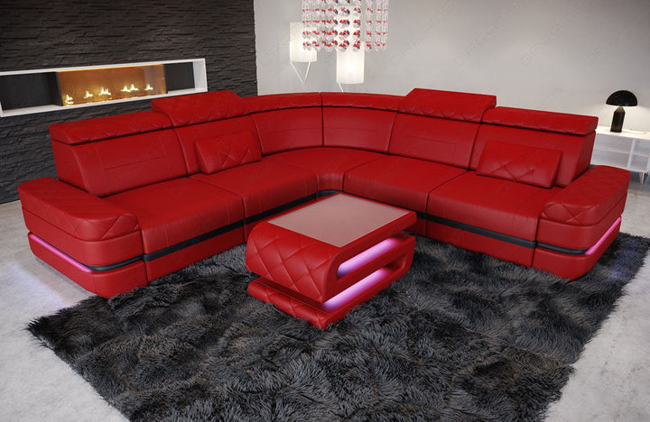 Das Mini Ledersofa Positano in der L Form in Rot-Schwarz