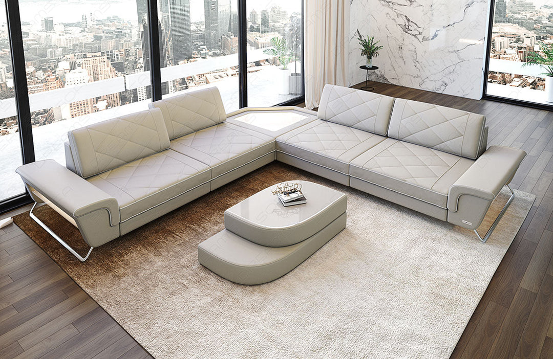 Design Leder Ecksofa Sepino L Form in beige-weiÃŸ