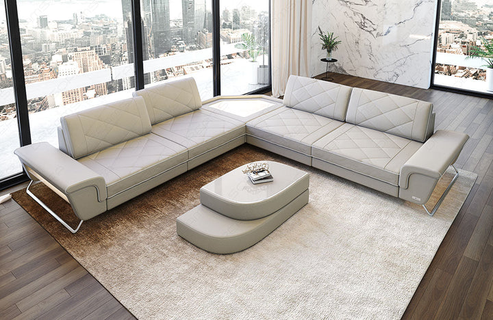 Design Leder Ecksofa Sepino L Form in beige-weiÃŸ