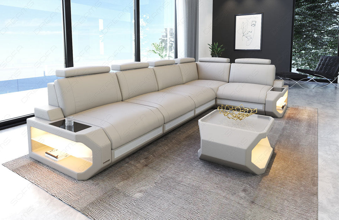 Leder Ecksofa Siena L Form lang in beige-weiÃŸ