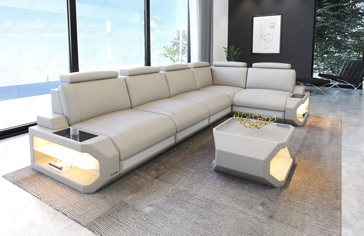 Leder Ecksofa Siena L Form lang in beige-weiÃŸ