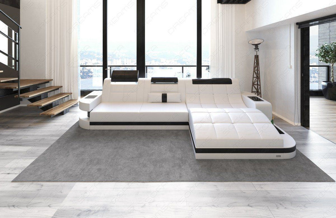 Echtleder Sofa Wave mit LED in weiss-schwarz
