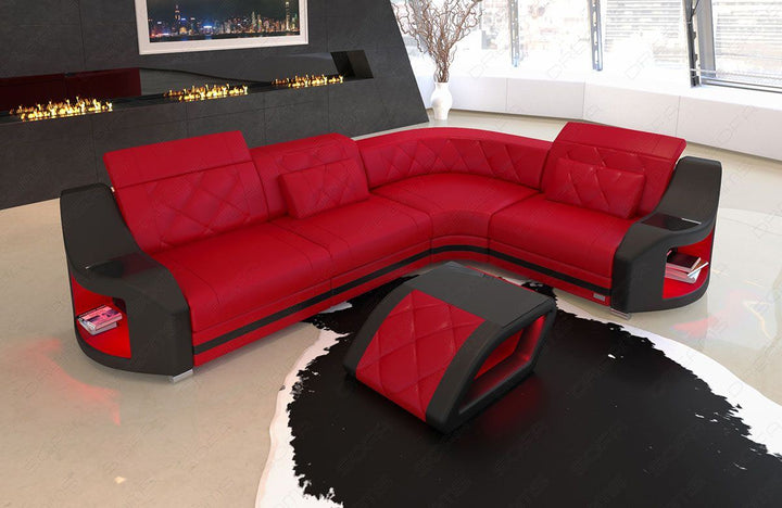 Mini Ledersofa Genua in der L Form in rot - schwarz
