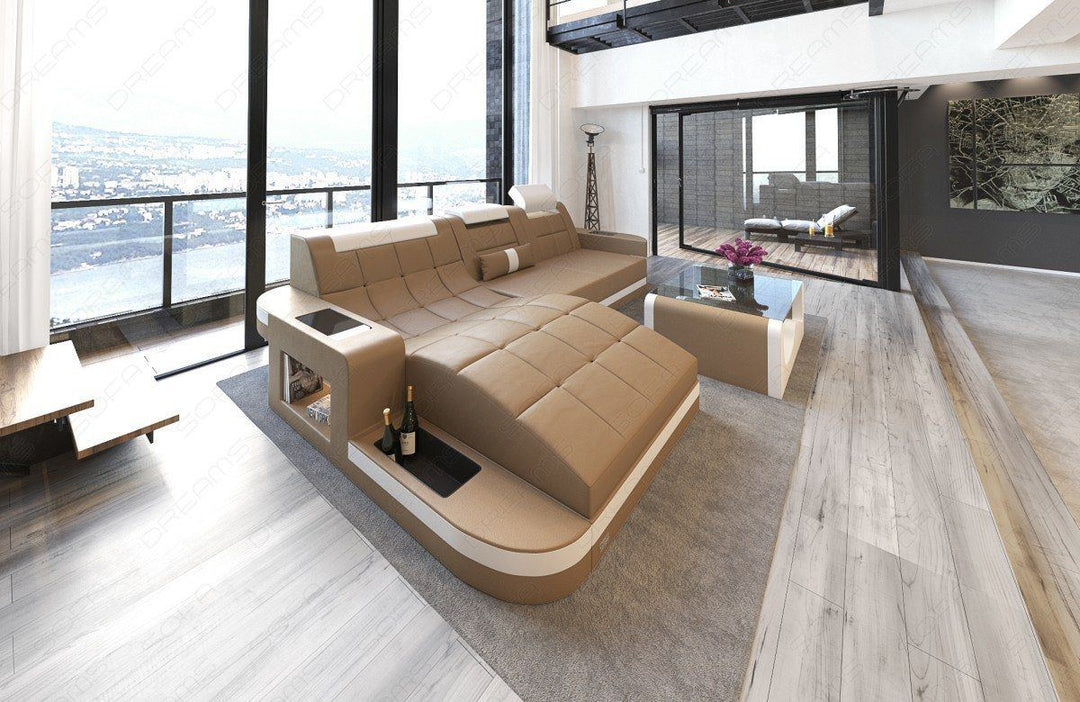 Ledersofa Wave mit LED Beleuchtung in sandbeige-weiss