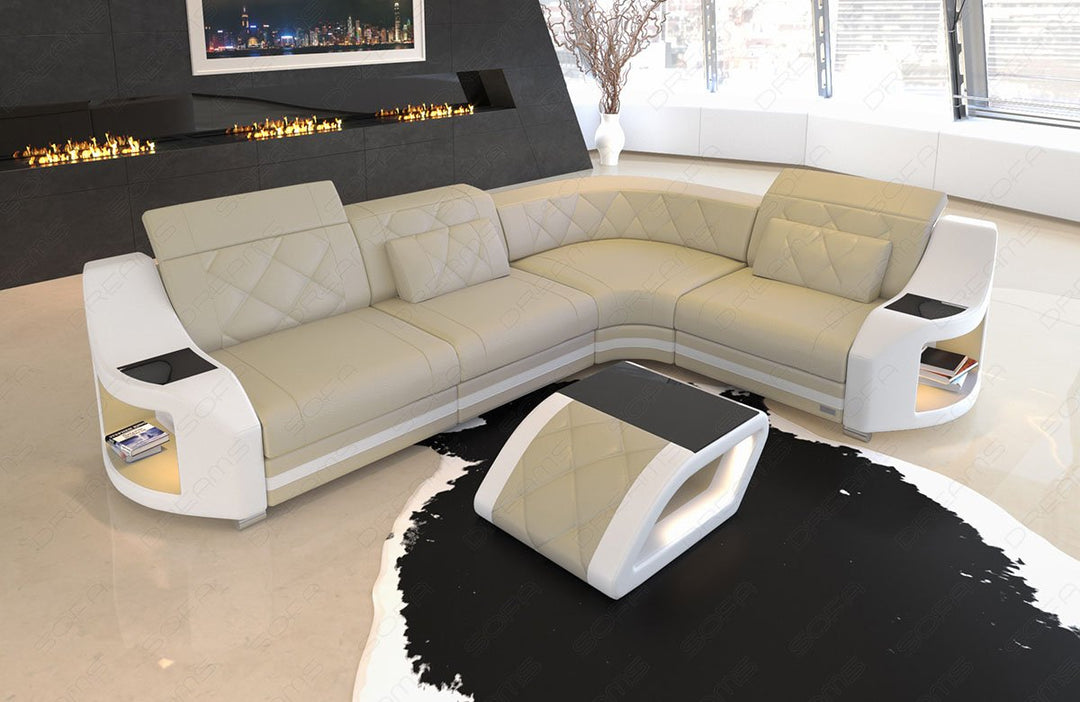 Mini Ledersofa Genua in der L Form in beige-weiss