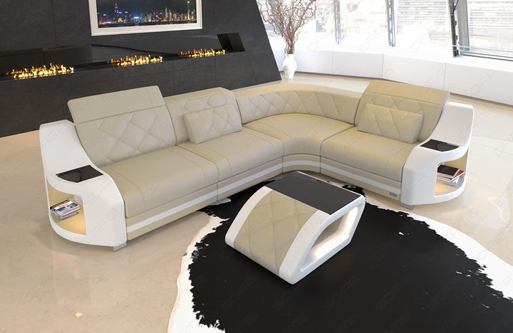 Mini Ledersofa Genua in der L Form in beige-weiss