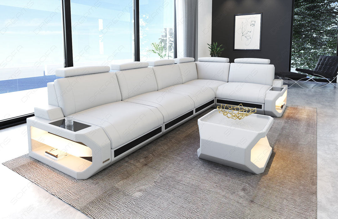Leder Ecksofa Siena L Form lang in weiÃŸ-schwarz