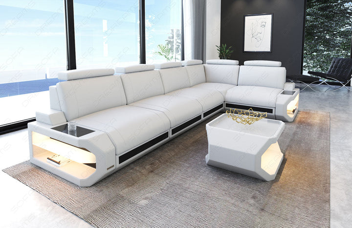 Leder Ecksofa Siena L Form lang in weiÃŸ-schwarz