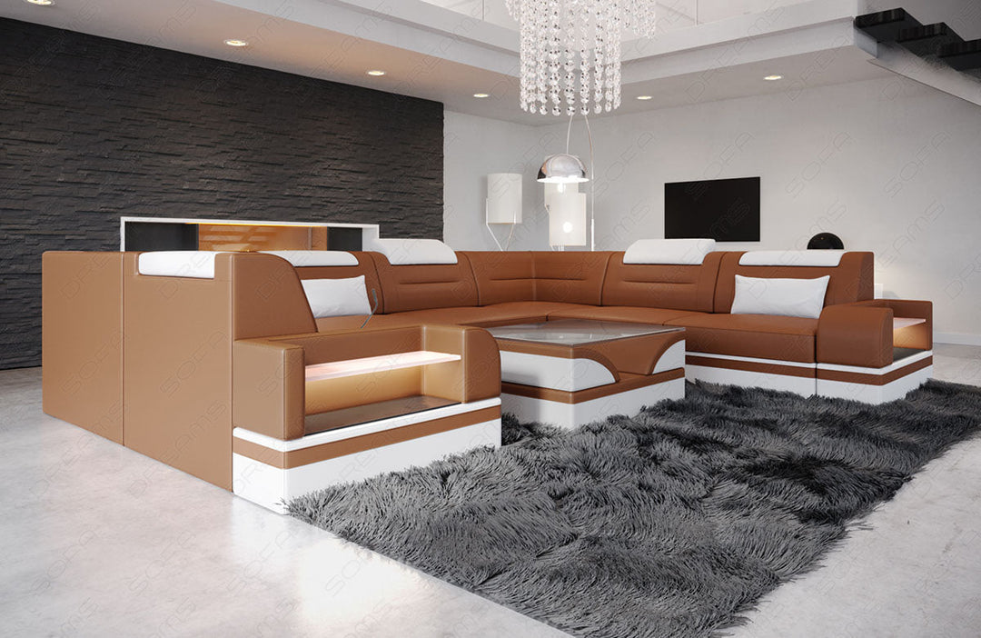 Leder Sofa Wohnlandschaft Trivento U Form in hellbraun-weiÃŸ