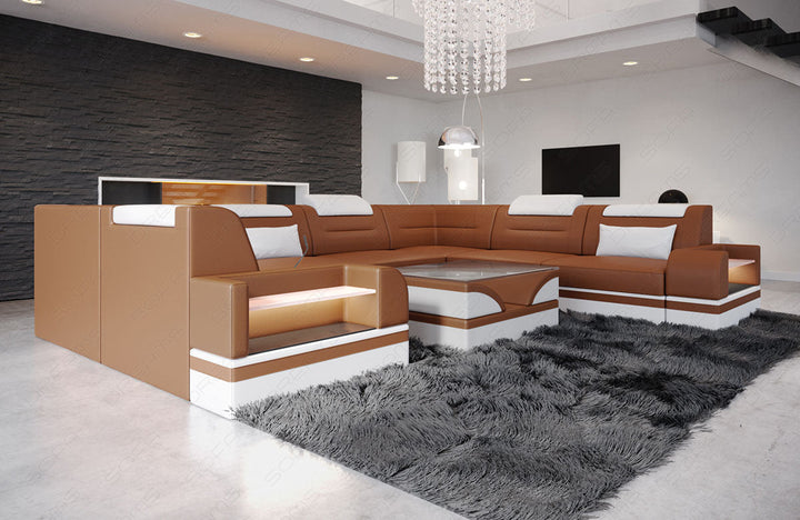 Leder Sofa Wohnlandschaft Trivento U Form in hellbraun-weiÃŸ