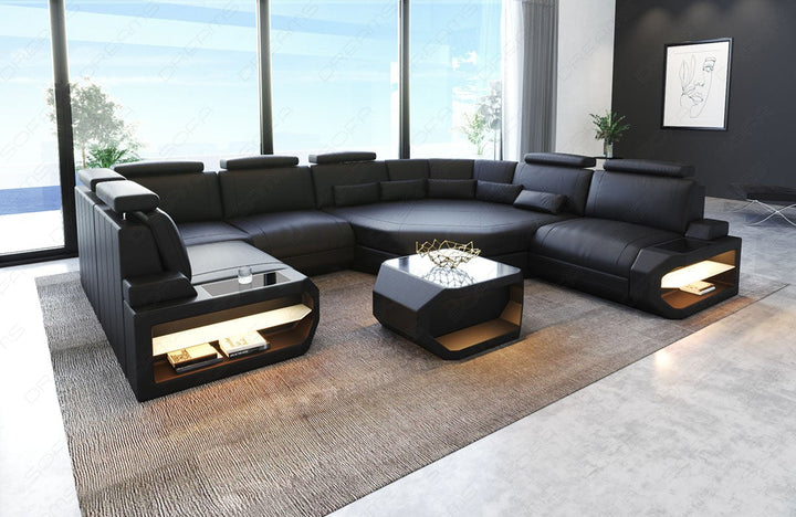 Design Leder Wohnlandschaft Asti Mini U Form in komplett schwarz