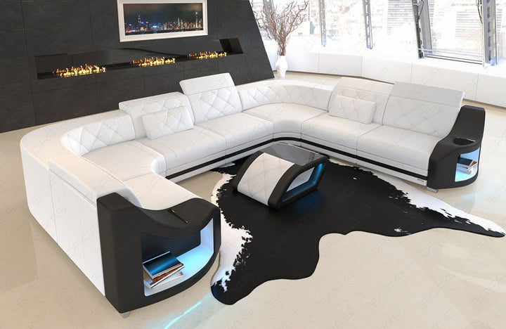 U Form Mini Ledersofa Genua mit USB und auch LED in weiss - schwarz